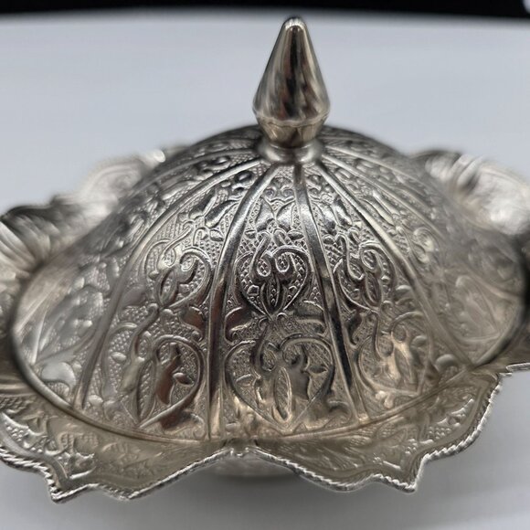 Turkish Silver Plated Decorative Dish With Lid Ruffled Rim Sena - Picture 10 of 10
